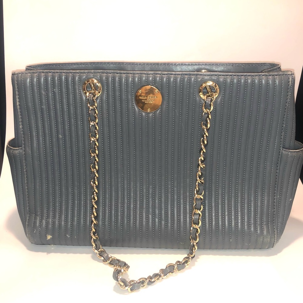Henri Bendel Grey quilted leather purse with gold tone hardware